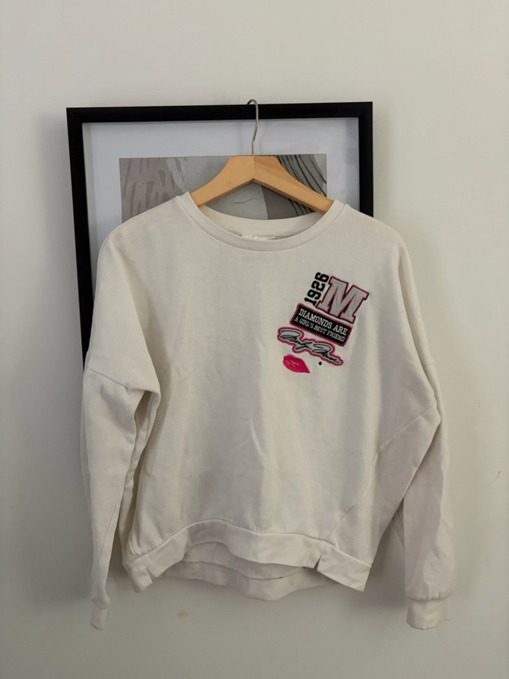 White Crewneck Sweatshirt with Pink Patch Detail